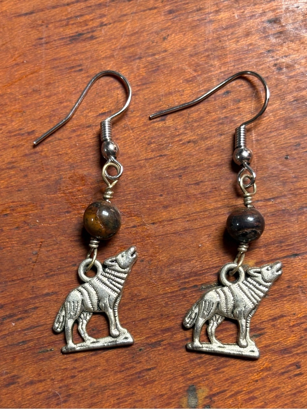 Handmade Wolf Charm Dangle Earrings with Red Tiger's Eye Beads